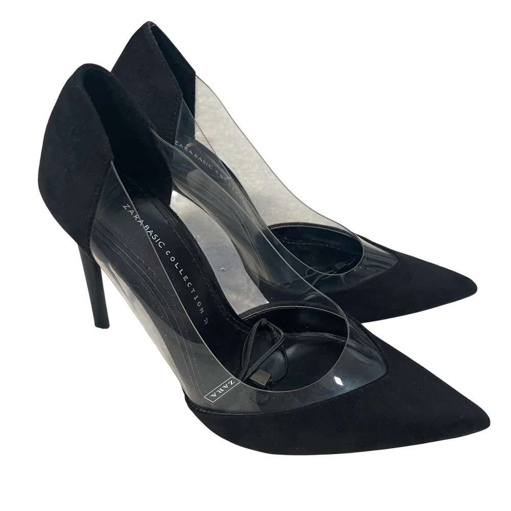 Zara Black Clear PVC Vinyl Pointed Toe Stiletto Pumps Faux Suede Glam Vamp 37